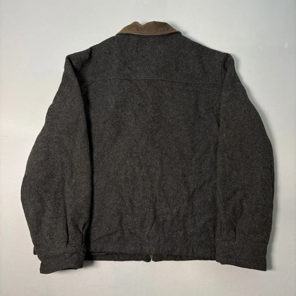 Woolrich Mens XL Gray Wool Blend Full Zip Work Jacket Leather Collar Quilted